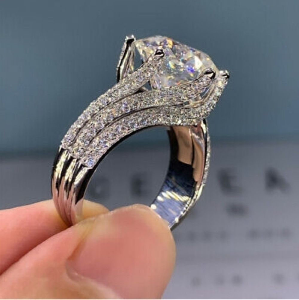 SILVER 2.50ct CZ Stone Diamond Ring Stacked Multilayered - Picture 2 of 5